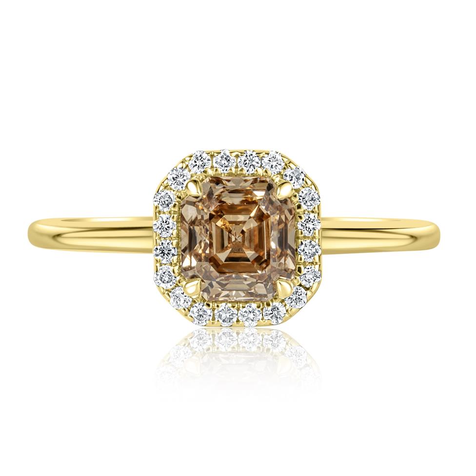 18ct Yellow Gold Asscher Cut Cognac Diamond Halo Engagement Ring Thumbnail Image 1
