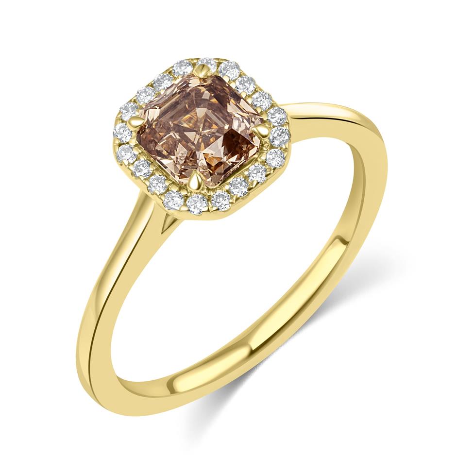 18ct Yellow Gold Asscher Cut Cognac Diamond Halo Engagement Ring Thumbnail Image 0