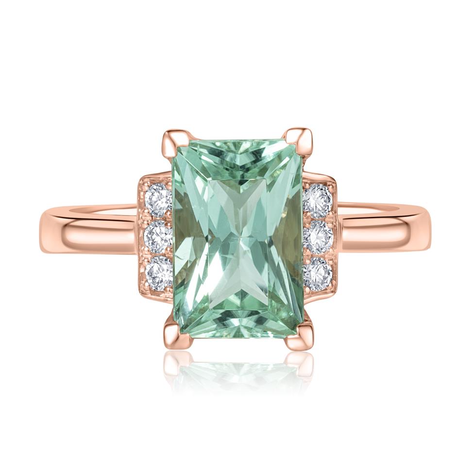 18ct Rose Gold Radiant Cut Mint Green Tourmaline and Diamond Cocktail Ring Thumbnail Image 3