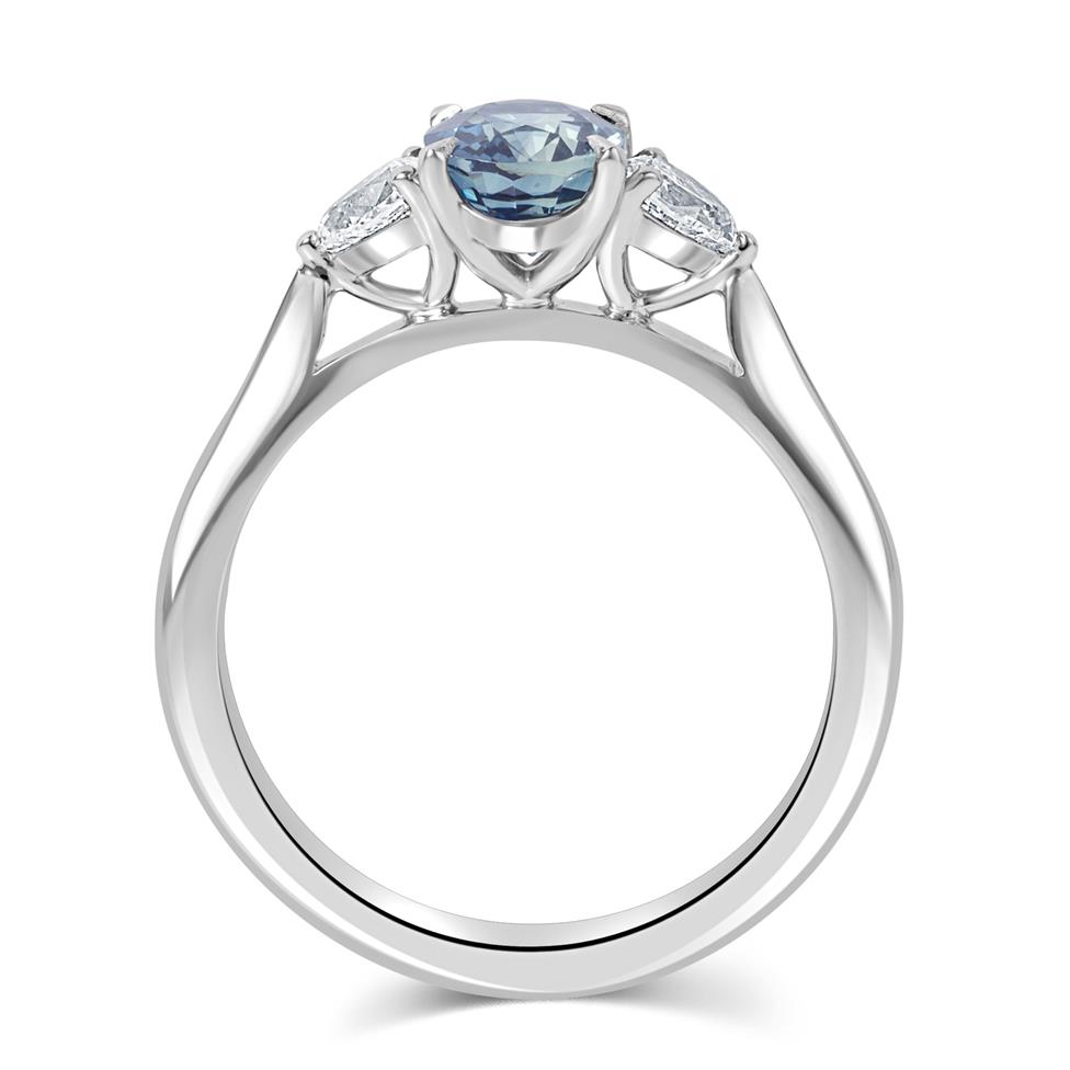 Platinum Teal Oval Cut Sapphire and Diamond Three Stone Ring Thumbnail Image 2