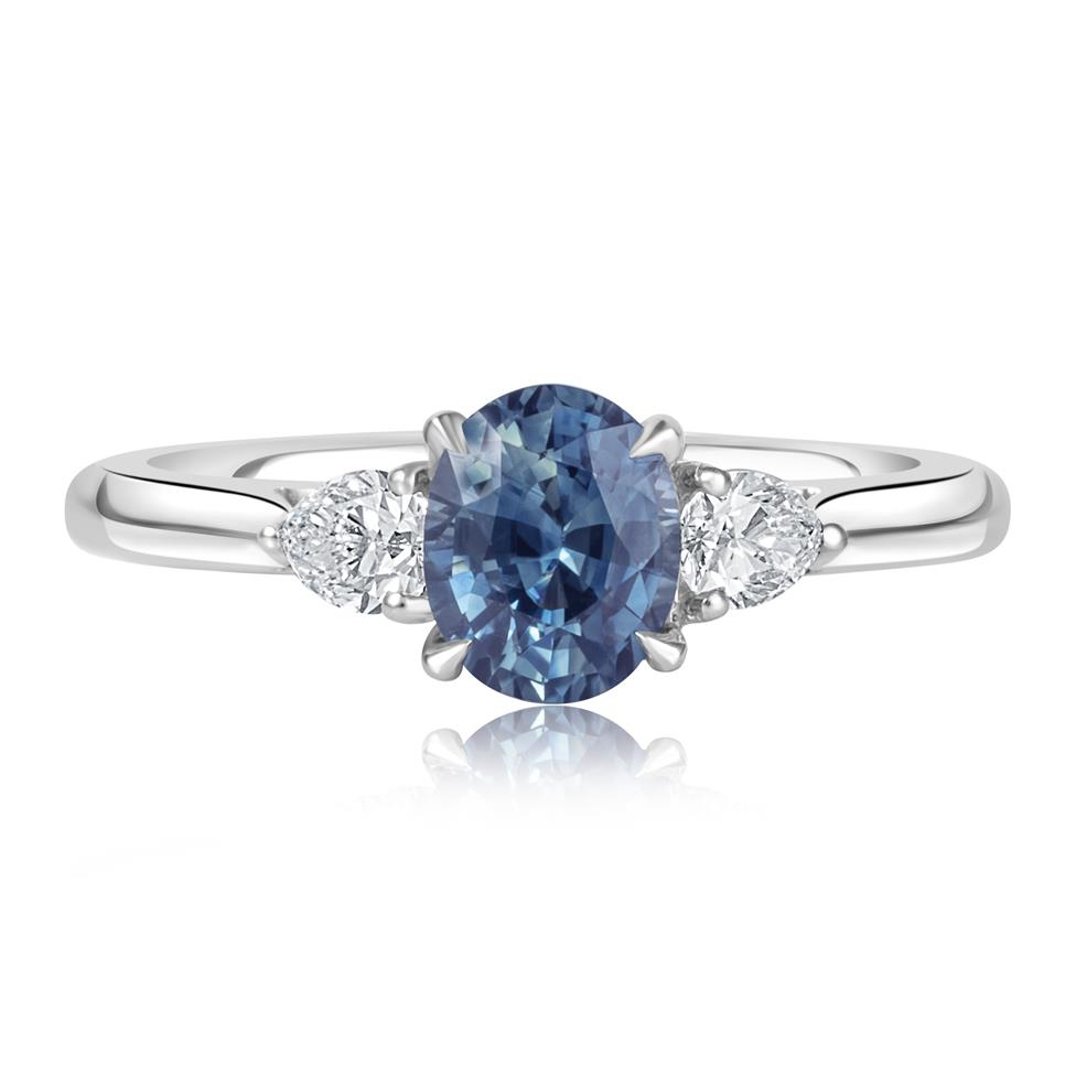 Platinum Teal Oval Cut Sapphire and Diamond Three Stone Ring Thumbnail Image 1
