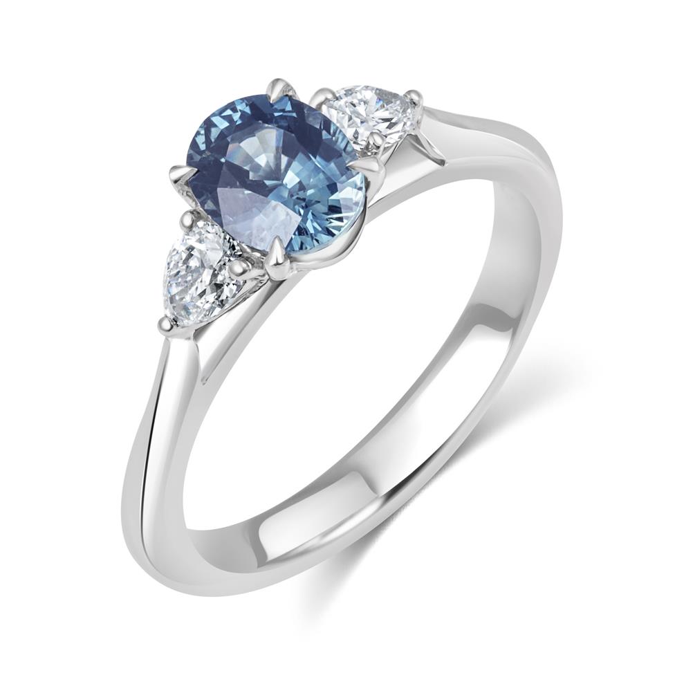 Platinum Teal Oval Cut Sapphire and Diamond Three Stone Ring Thumbnail Image 0