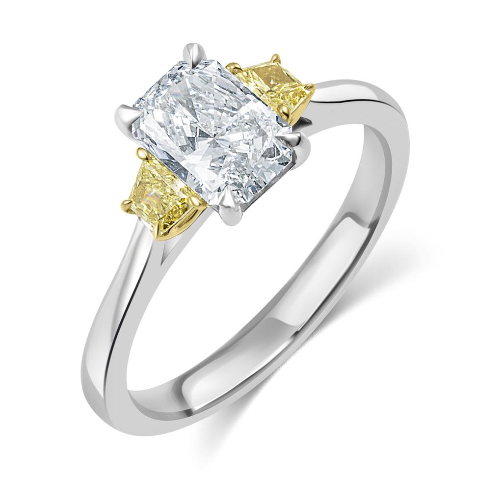 Platinum Radiant and Yellow Fancy Cut Diamond Three Stone Engagement Ring 1.27ct Thumbnail Image 0