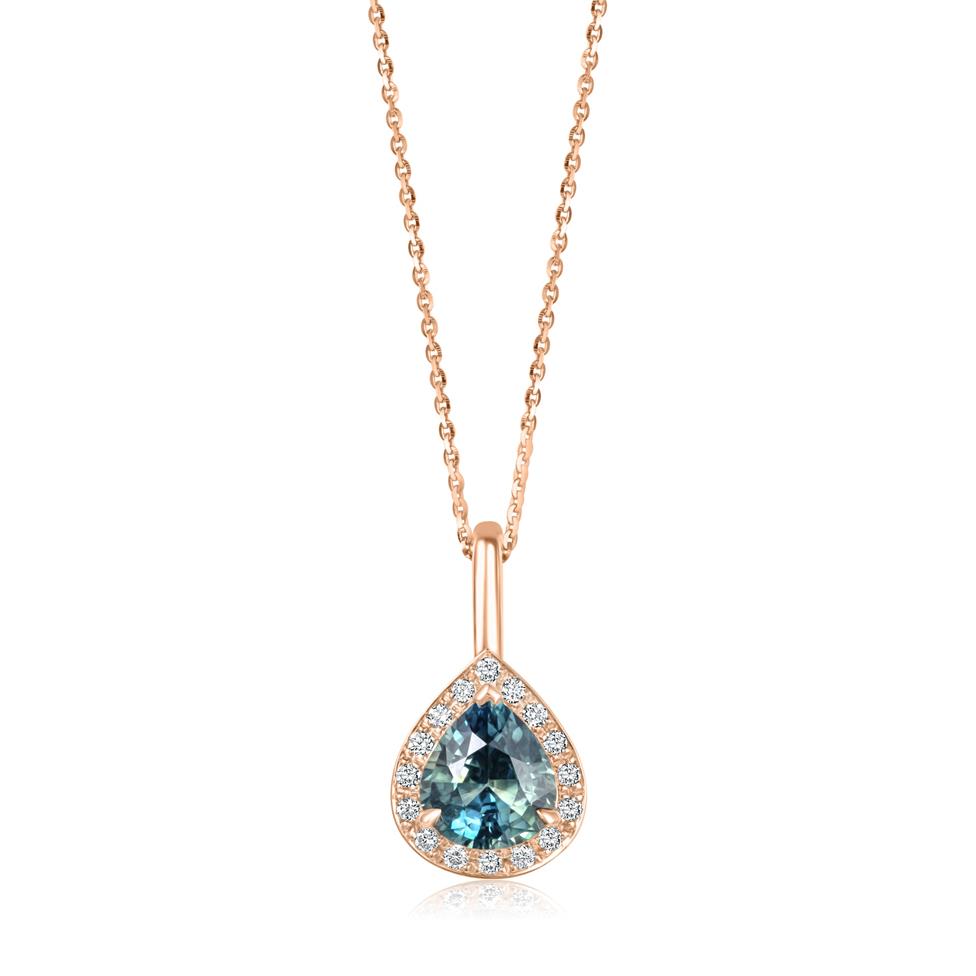 18ct Rose Gold Teal Sapphire and Diamond Drop Pendant Thumbnail Image 0