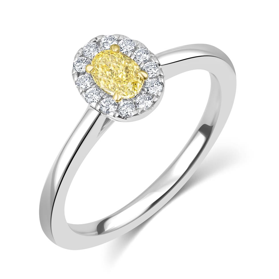 Platinum Oval Cut Yellow Diamond Halo Ring 0.34ct Thumbnail Image 0