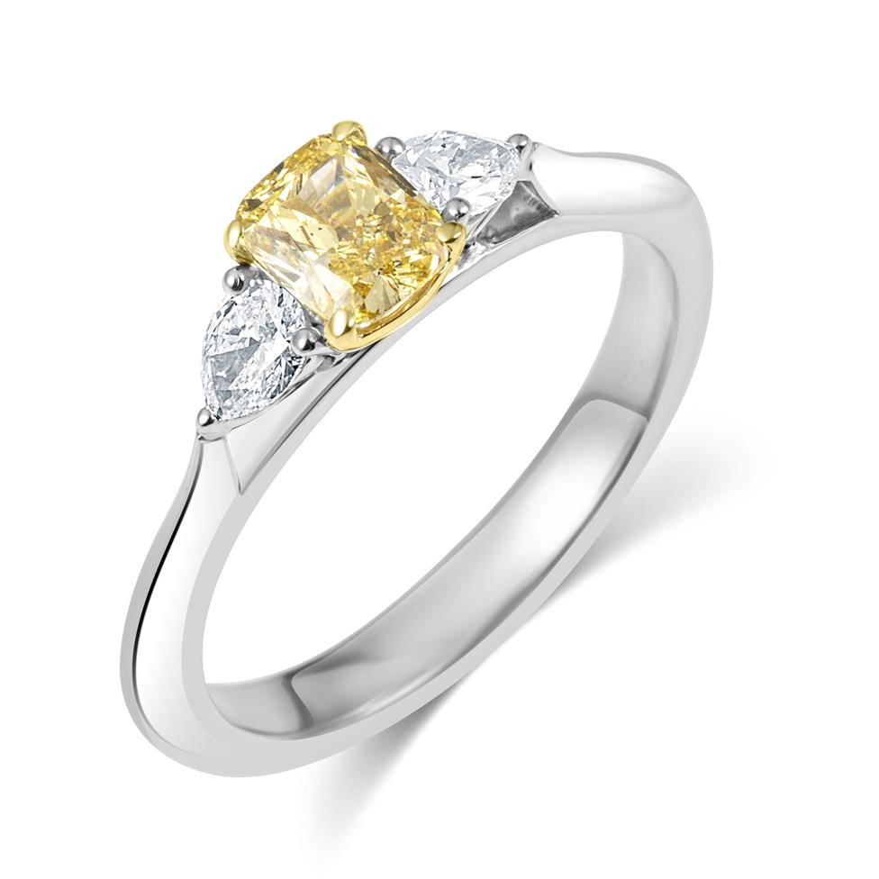 Platinum Cushion Cut Yellow Diamond Three Stone Ring 0.55ct Thumbnail Image 0