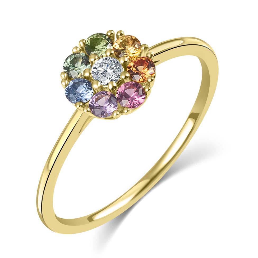 Samba 18ct Yellow Gold Rainbow Sapphire Halo Ring Thumbnail Image 0