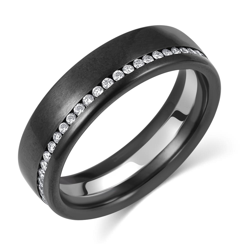 Black Zirconium White Diamond Wedding Ring Thumbnail Image 0