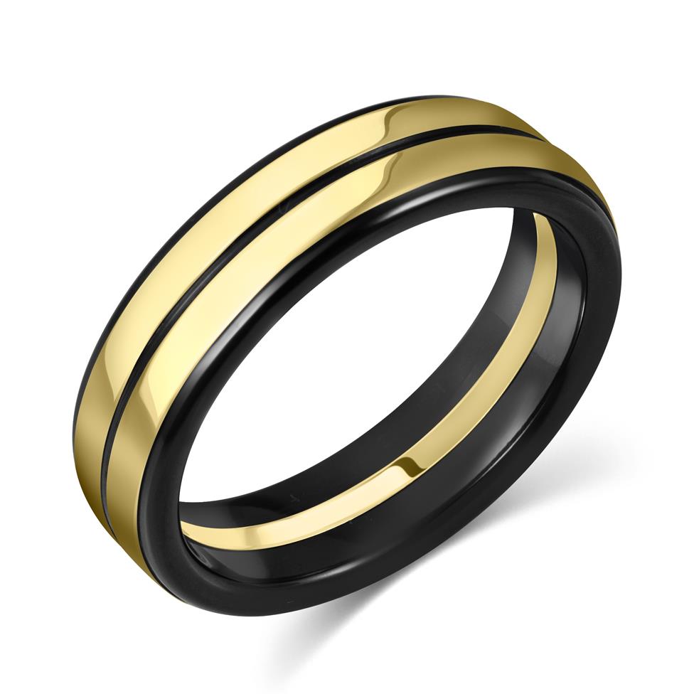 Black Zirconium and 18ct Yellow Gold Lined Wedding Ring Thumbnail Image 0