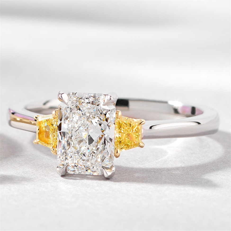 Platinum Radiant and Yellow Fancy Cut Diamond Three Stone Engagement Ring 1.27ct Thumbnail Image 1
