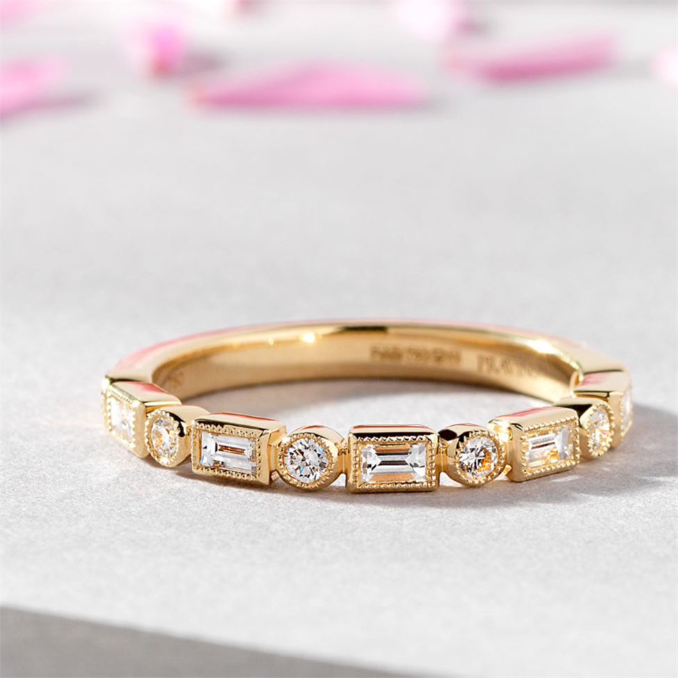 18ct Yellow Gold Vintage Style Baguette and Round Diamond Half Eternity Ring Thumbnail Image 2