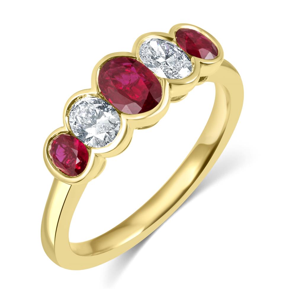 18ct Yellow Gold Five Stone Oval Ruby and Diamond Ring  Thumbnail Image 0