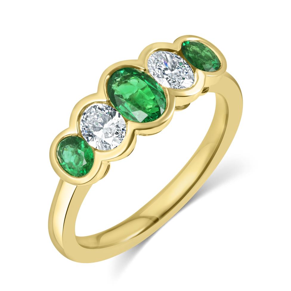 18ct Yellow Gold Five Stone Oval Emerald and Diamond Ring Image 1