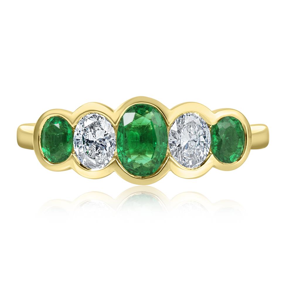 18ct Yellow Gold Five Stone Oval Emerald and Diamond Ring Thumbnail Image 1