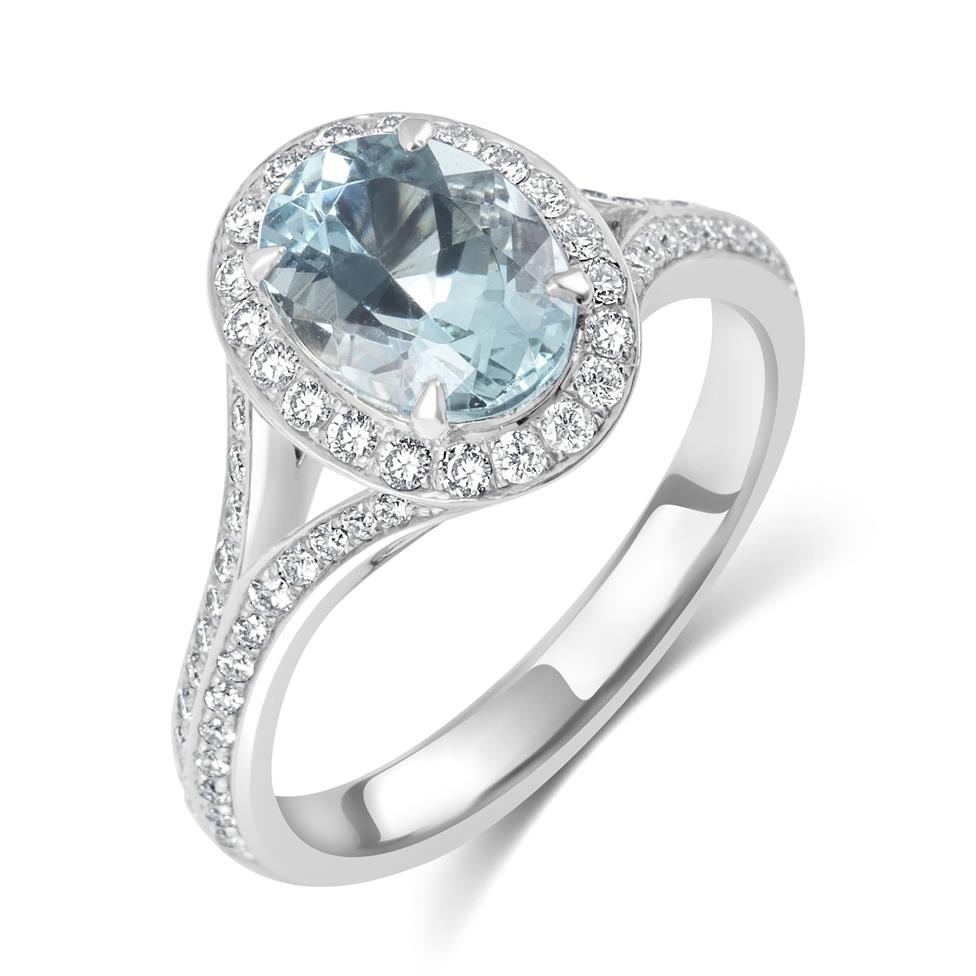 Platinum Split Shoulder Oval Aquamarine and Diamond Halo Ring Thumbnail Image 0