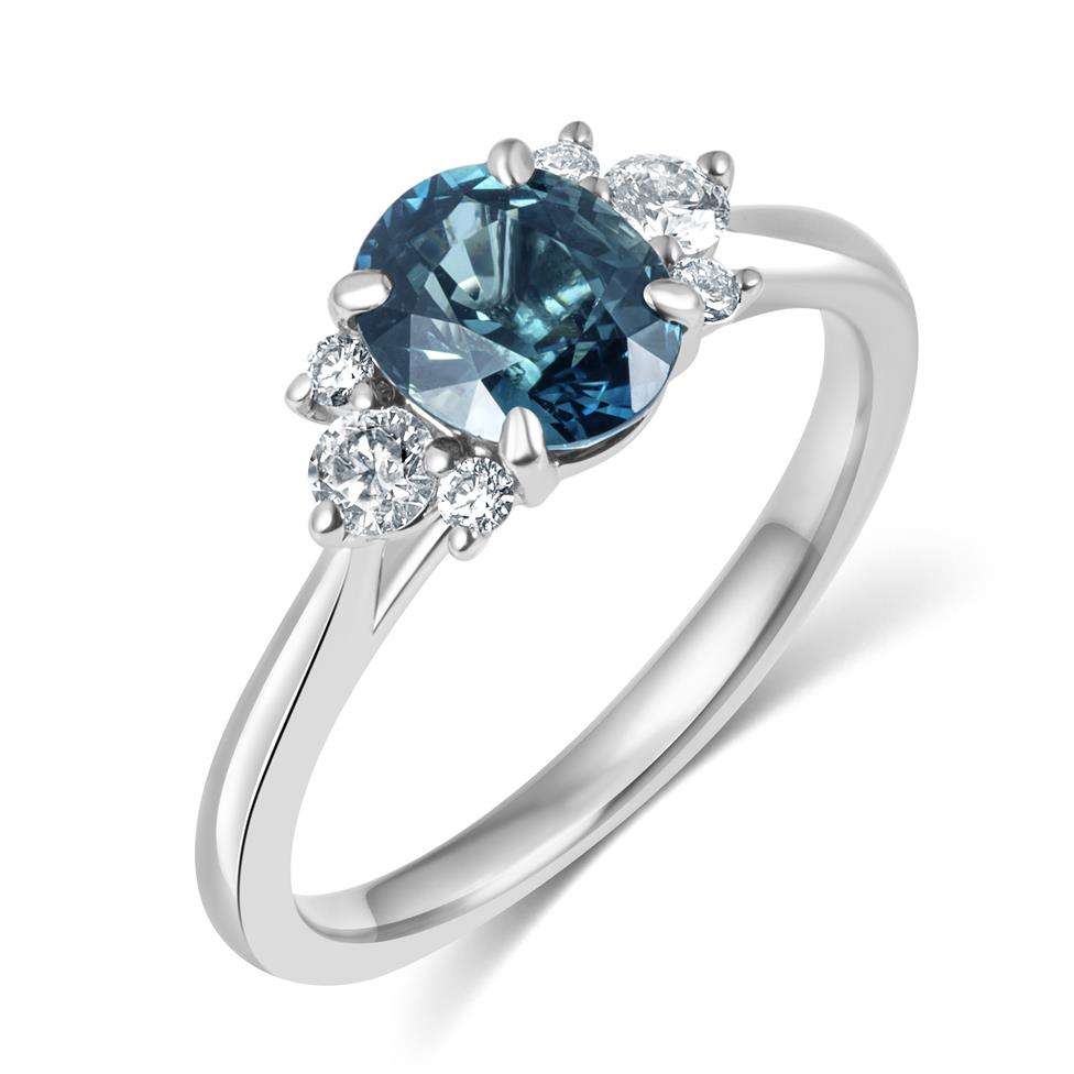 Platinum Oval Teal Sapphire and Diamond Engagement Ring Thumbnail Image 0