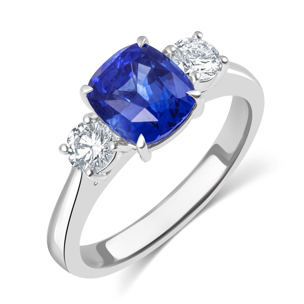 Platinum Cushion Sapphire and Diamond Three Stone Ring  Image 1