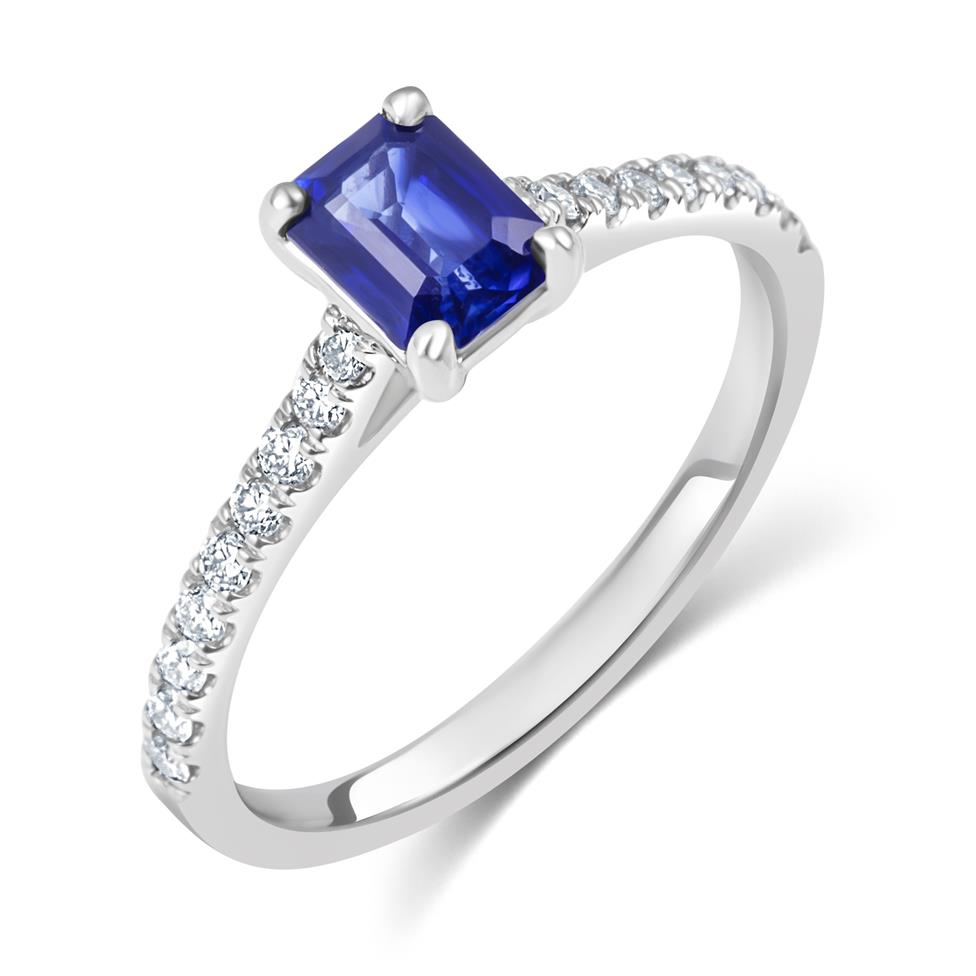 Platinum Emerald Cut Sapphire and Diamond Engagement Ring Thumbnail Image 0