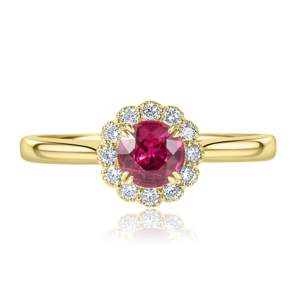 18ct Yellow Gold Vintage Inspired Round Ruby Halo Ring   Thumbnail Image 1