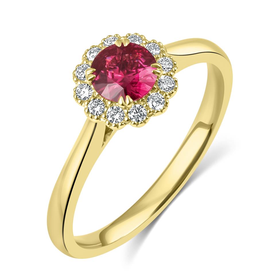 18ct Yellow Gold Vintage Inspired Round Ruby Halo Ring   Thumbnail Image 0