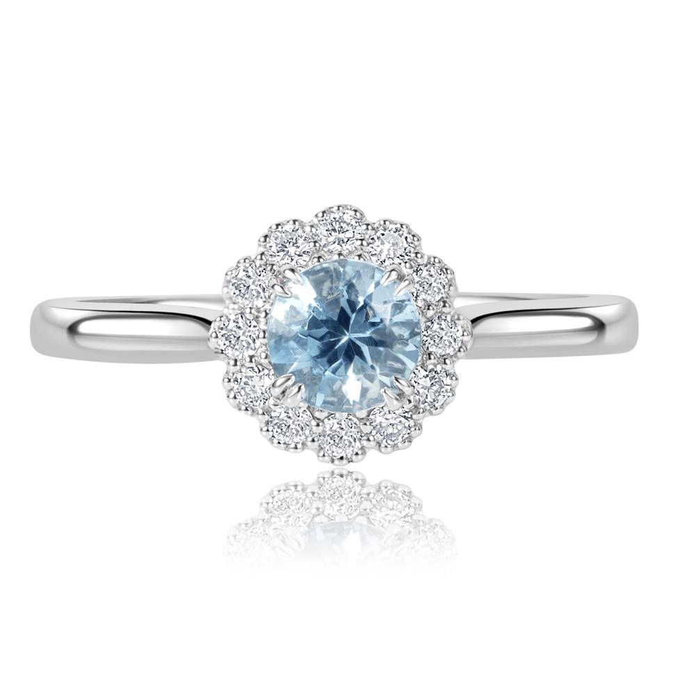 Platinum Vintage Inspired Round Aquamarine Halo Ring   Thumbnail Image 1