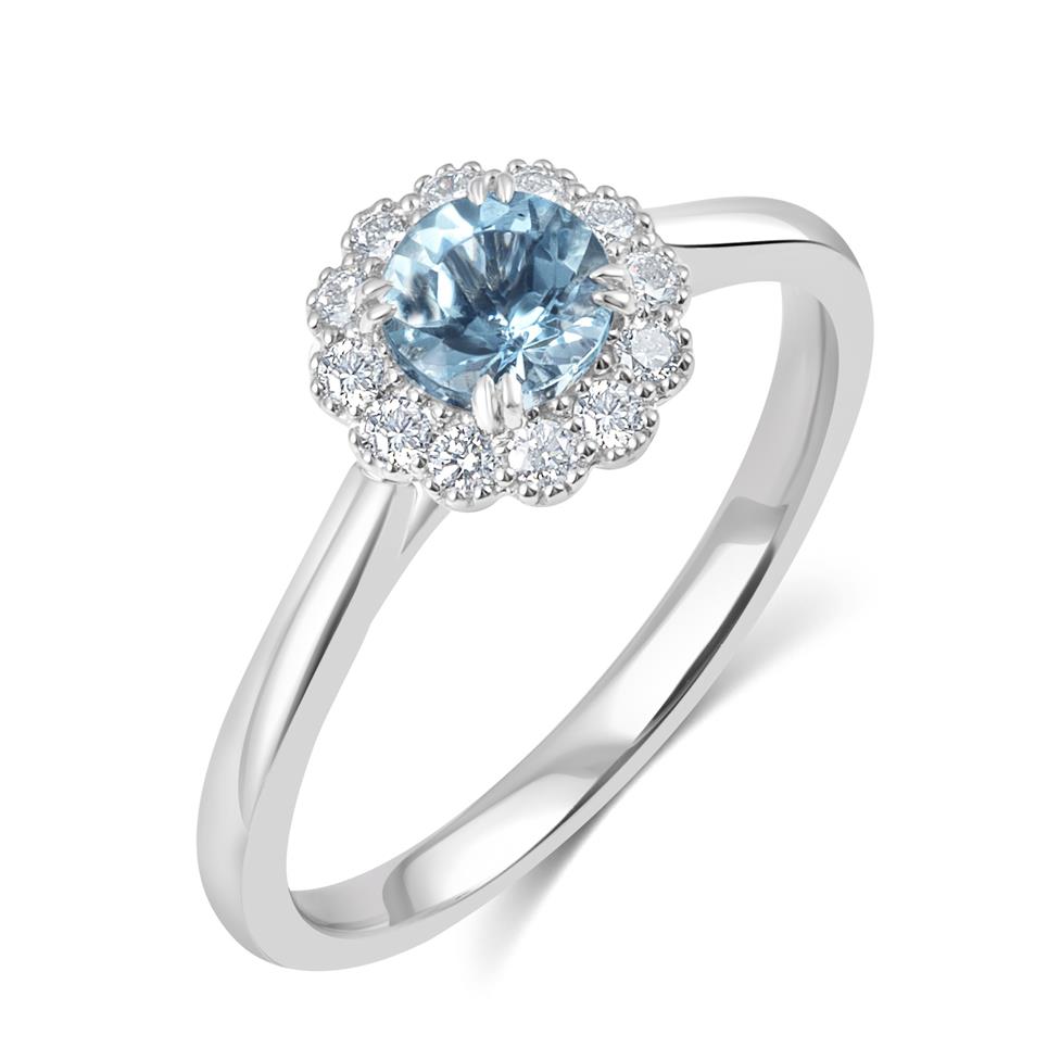 Platinum Vintage Inspired Round Aquamarine Halo Ring   Thumbnail Image 0