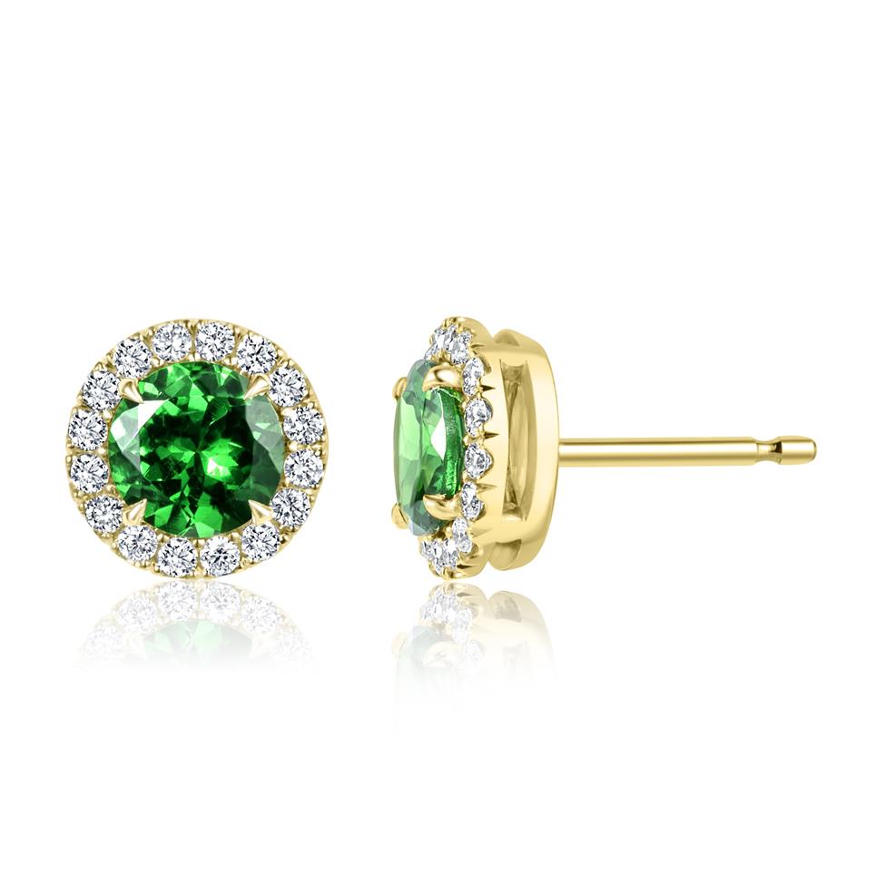 18ct Yellow Gold Tsavorite and Diamond Halo Earrings Thumbnail Image 0