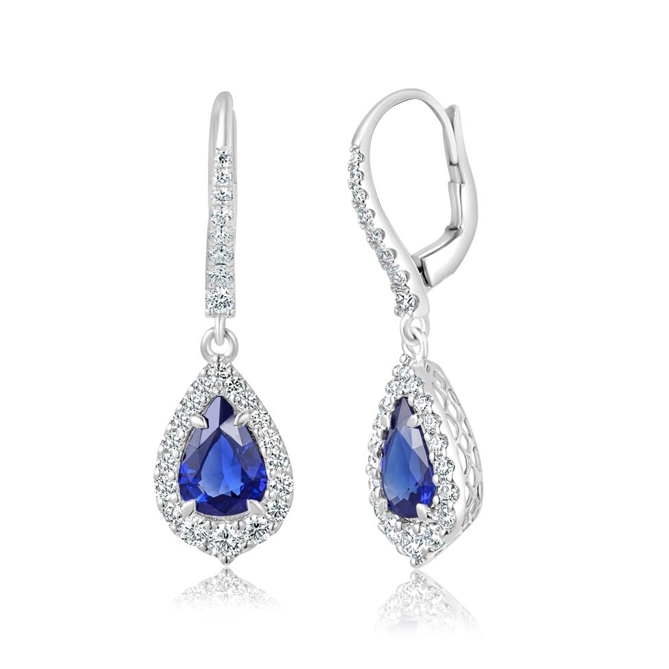 18ct White Gold Pear Sapphire and Diamond Drop Earrings Thumbnail Image 0