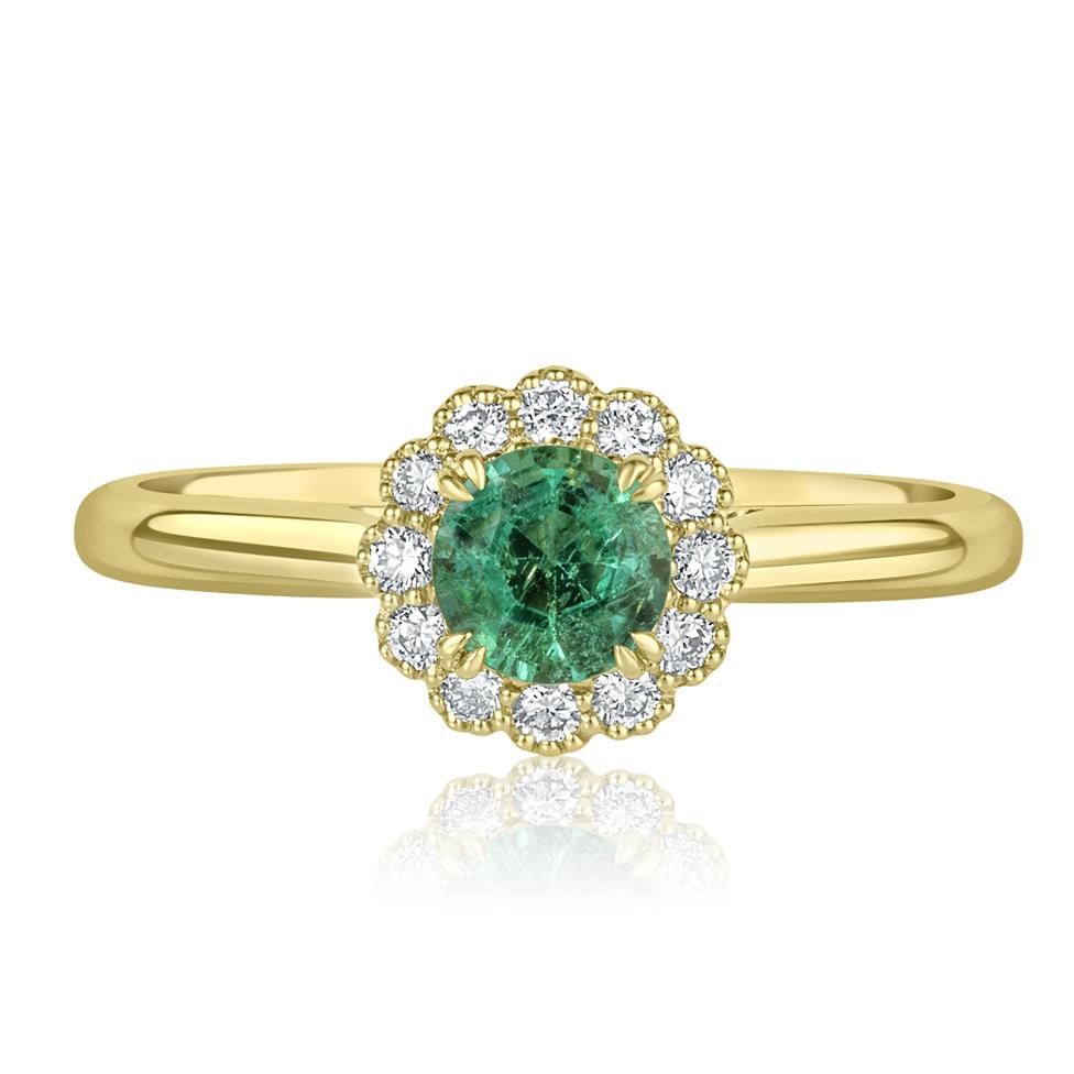 18ct Yellow Gold Vintage Inspired Round Emerald Halo Ring   Thumbnail Image 1