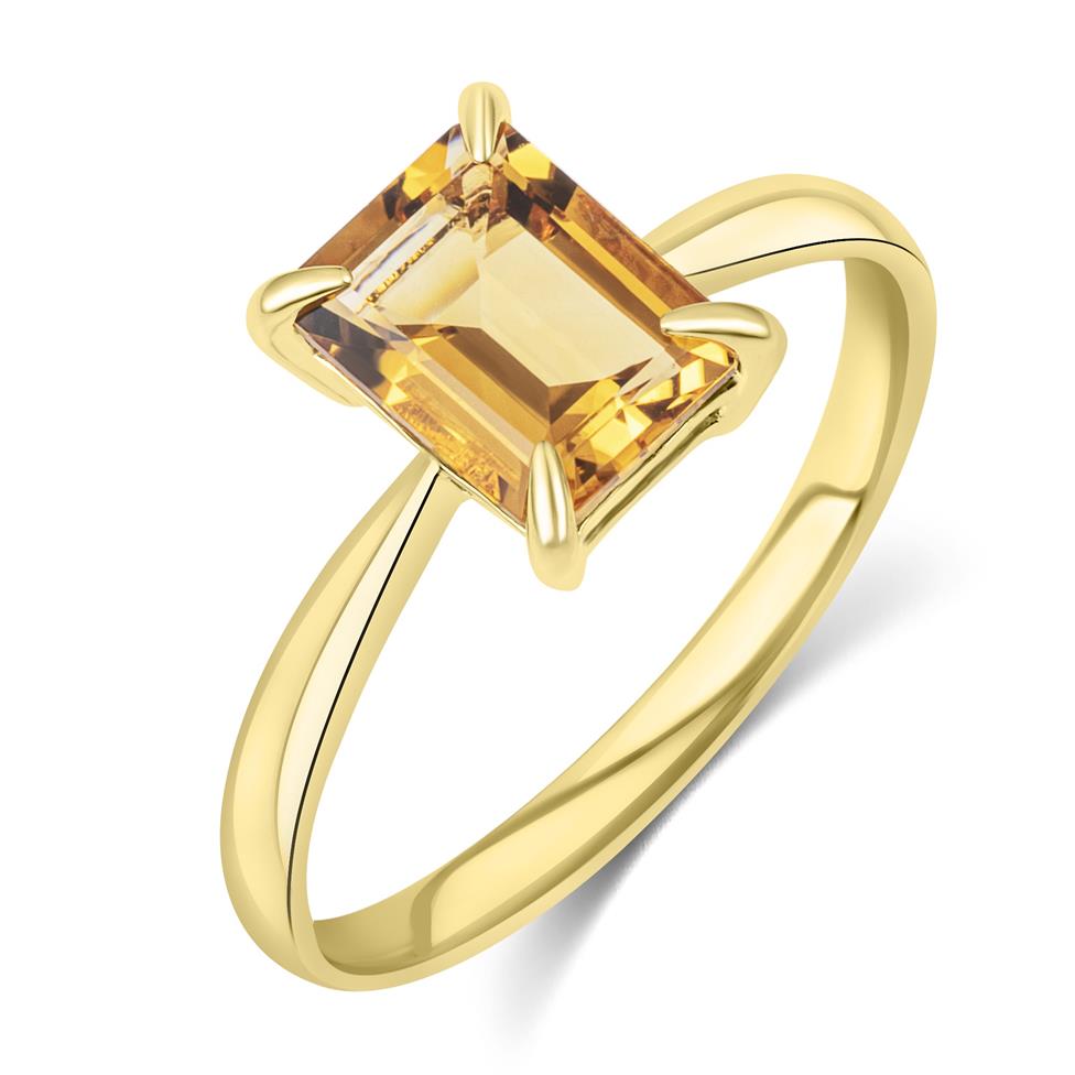 18ct Yellow Gold Emerald Cut Citrine Ring Thumbnail Image 0