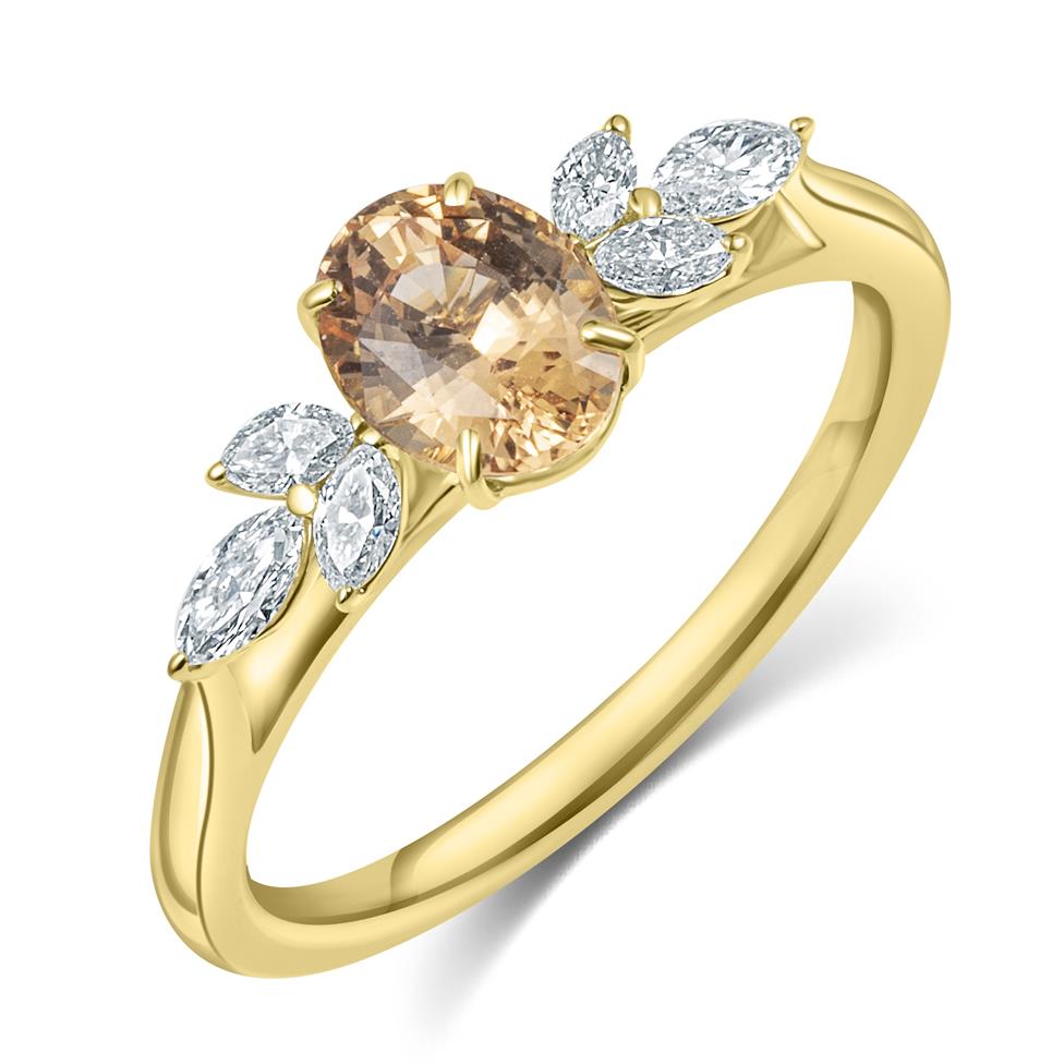 18ct Yellow Gold Peach Sapphire and Marquise Diamond Ring Thumbnail Image 0