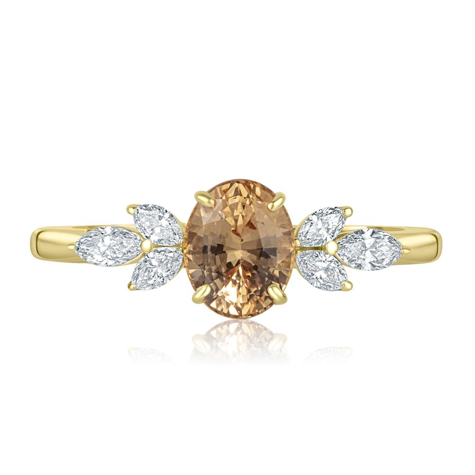 18ct Yellow Gold Peach Sapphire and Marquise Diamond Ring Thumbnail Image 1