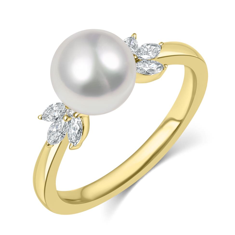 18ct Yellow Gold Pearl and Marquise Diamond Ring Thumbnail Image 0