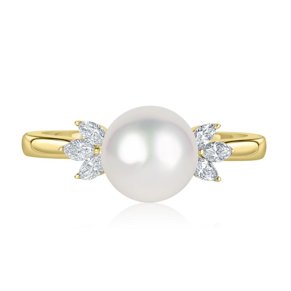 18ct Yellow Gold Pearl and Marquise Diamond Ring Thumbnail Image 2