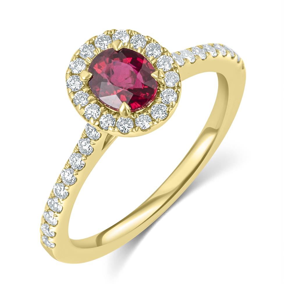 18ct Yellow Gold Oval Ruby and Diamond Halo Ring Thumbnail Image 0