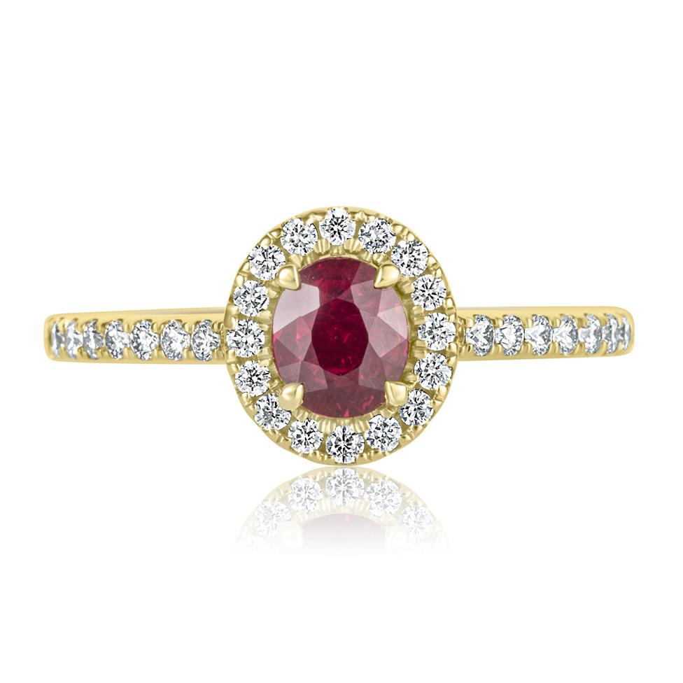 18ct Yellow Gold Oval Ruby and Diamond Halo Ring Thumbnail Image 1