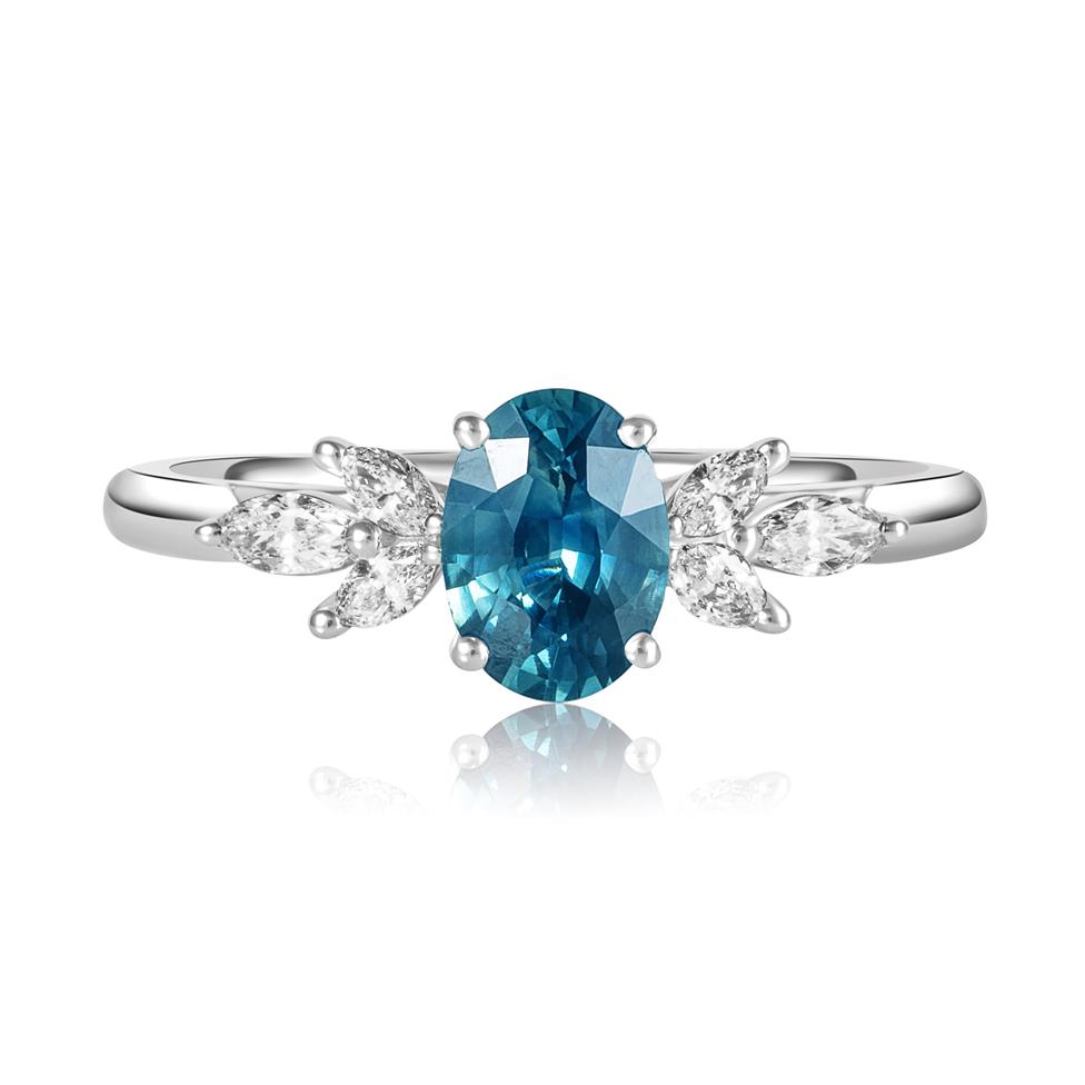 Platinum Oval Teal Sapphire and Diamond Ring Thumbnail Image 1