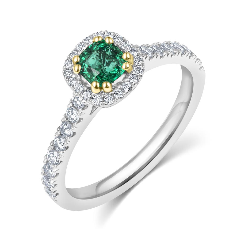 Platinum Cushion Emerald and Diamond Halo Ring Thumbnail Image 0