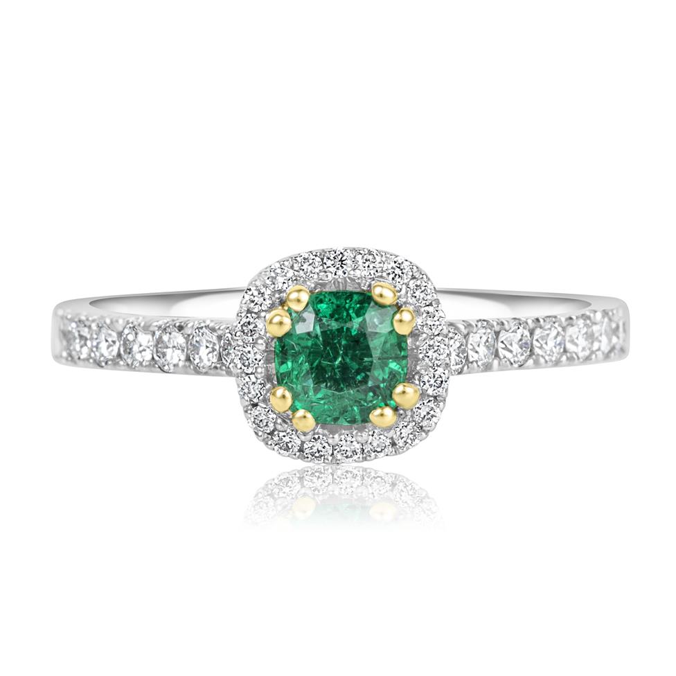 Platinum Cushion Emerald and Diamond Halo Ring Thumbnail Image 1