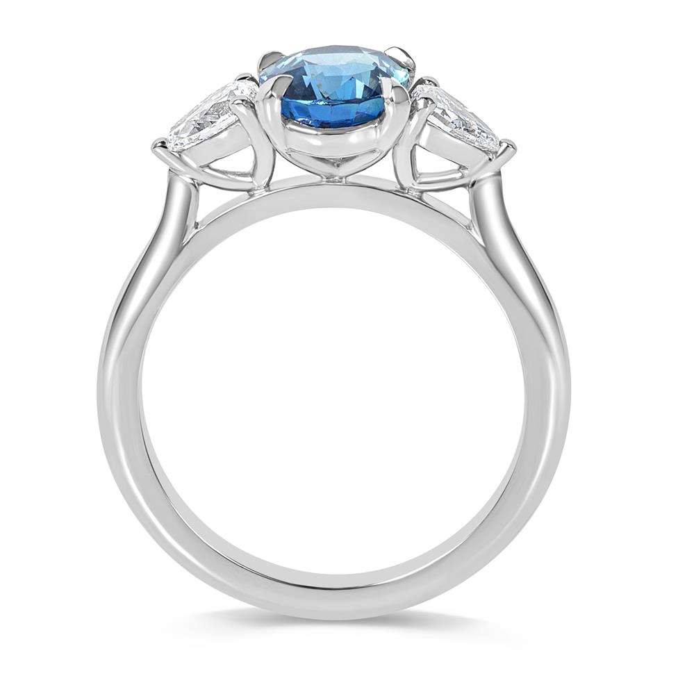 Platinum Oval Teal Sapphire and Diamond Three Stone Ring Thumbnail Image 2