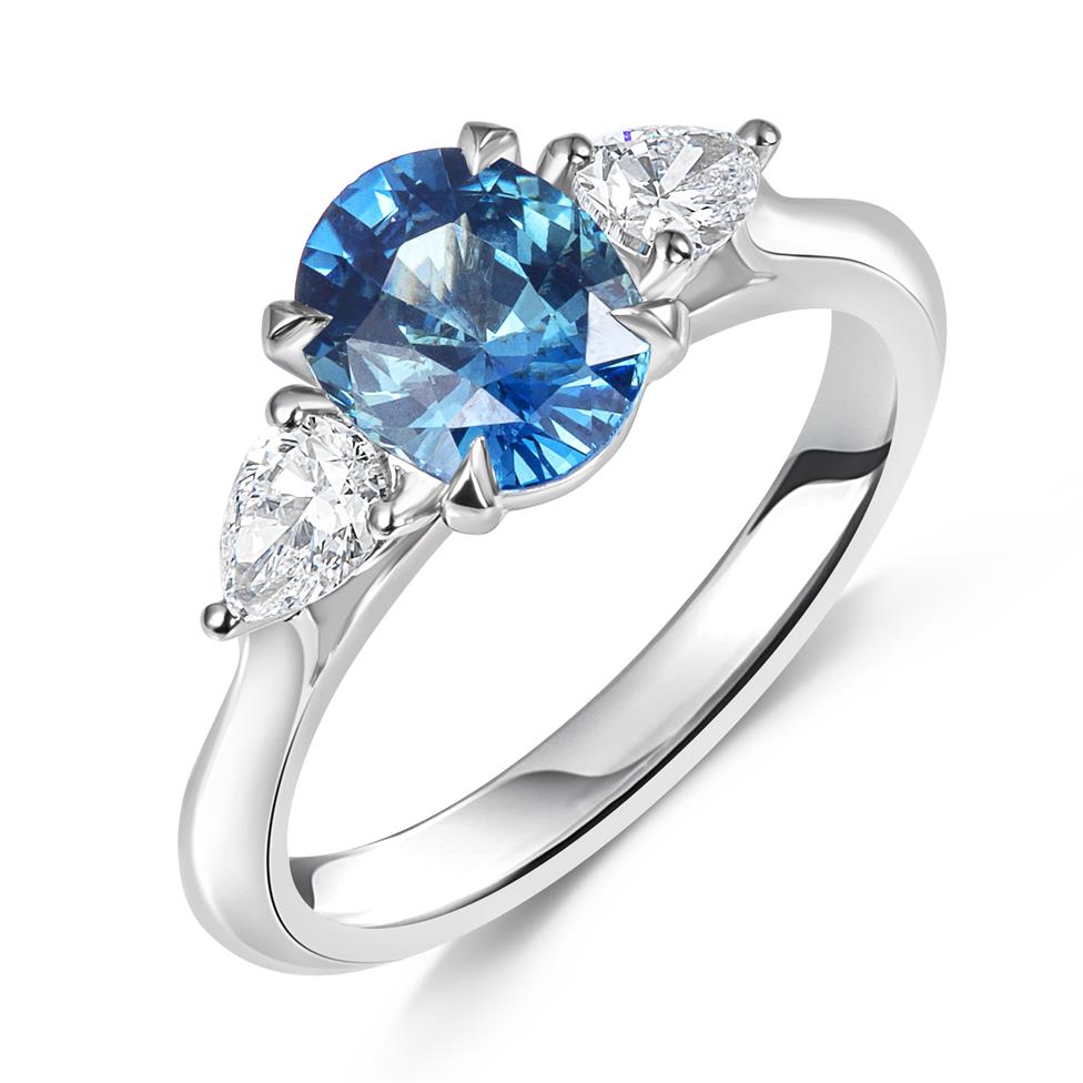 Platinum Oval Teal Sapphire and Diamond Three Stone Ring Image 1
