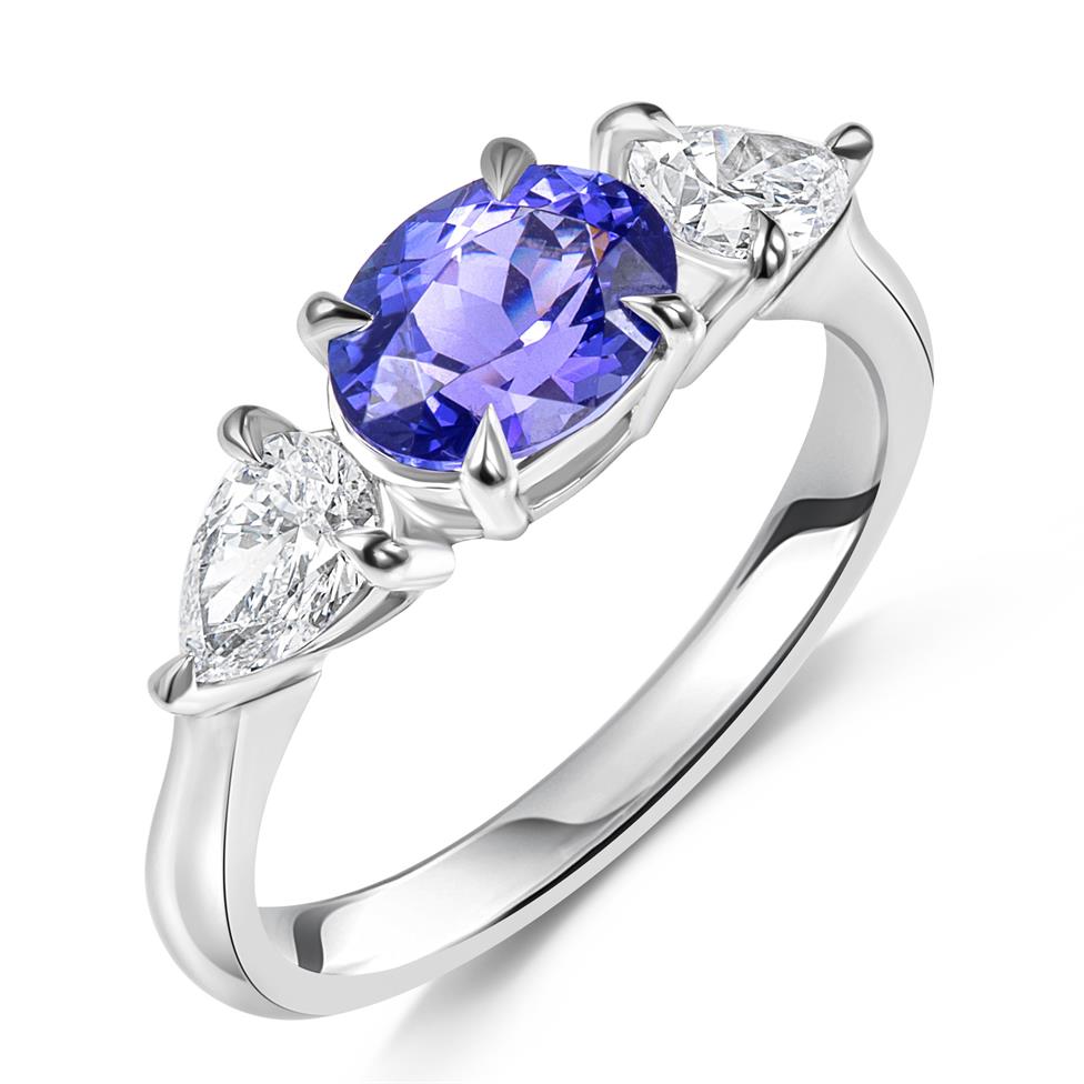 Platinum Oval Tanzanite and Diamond Three Stone Ring Thumbnail Image 0