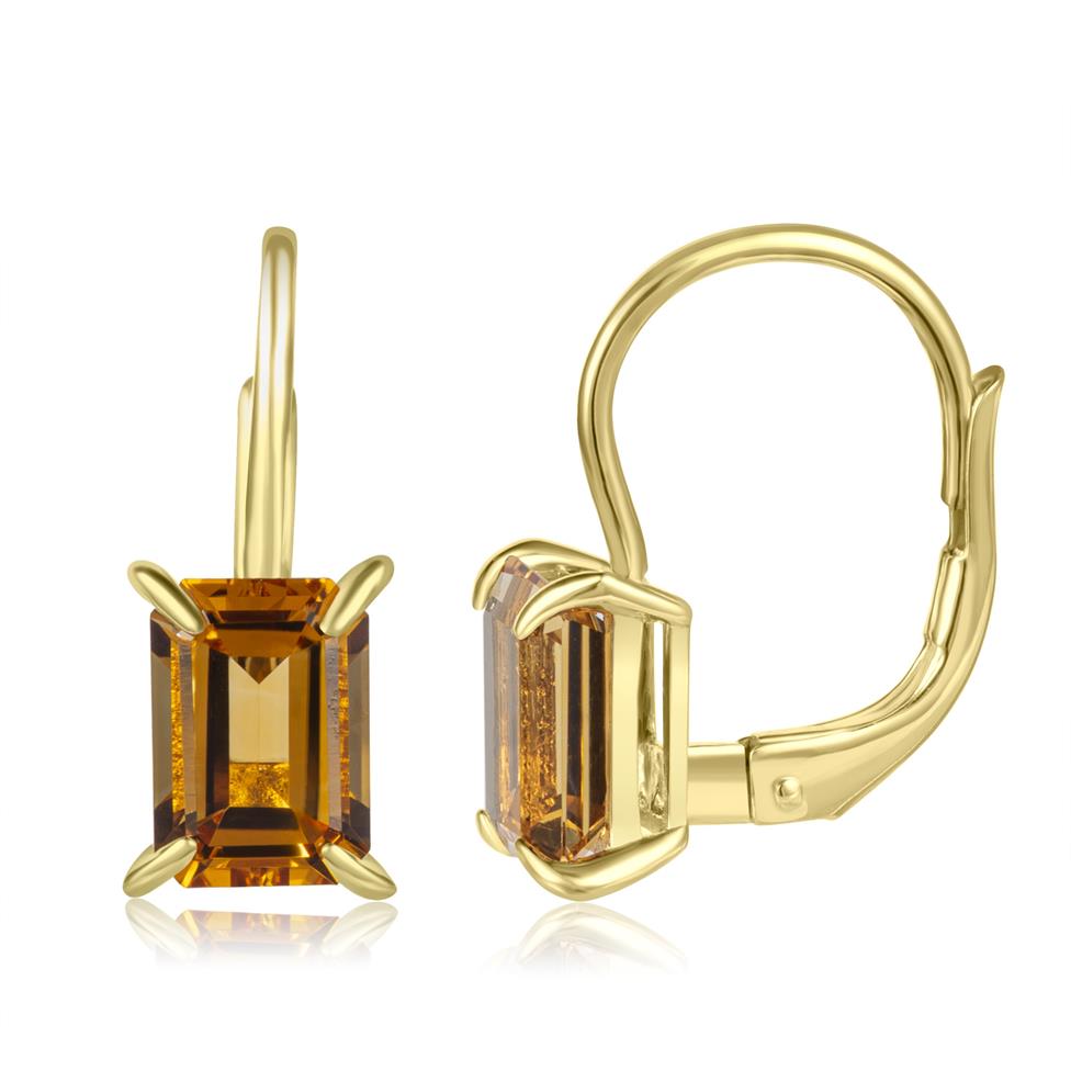 18ct Yellow Gold Emerald Cut Citrine Drop Earrings Thumbnail Image 0