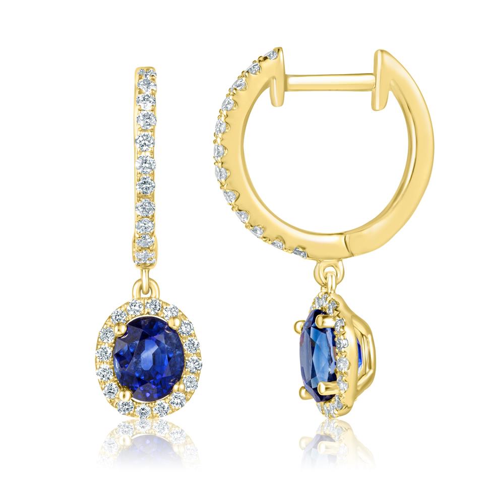 18ct Yellow Gold Oval Sapphire and Diamond Drop Earrings Image 1