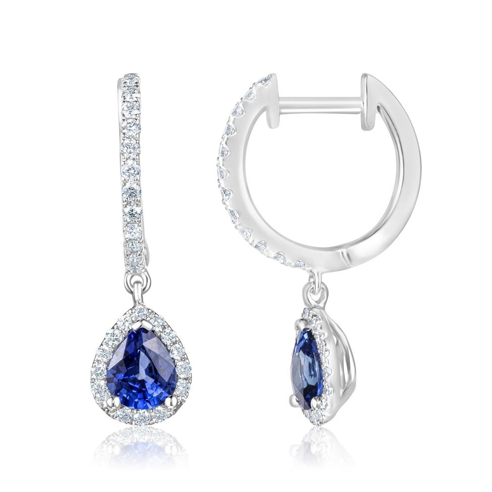 18ct White Gold Pear Sapphire and Diamond Drop Earrings Thumbnail Image 0