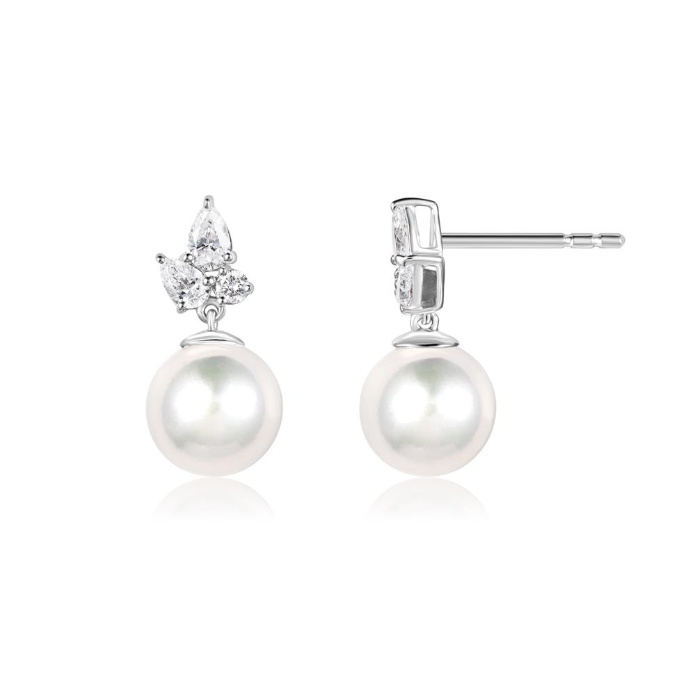 18ct White Gold Pearl and Mixed Diamond Earrings Thumbnail Image 0