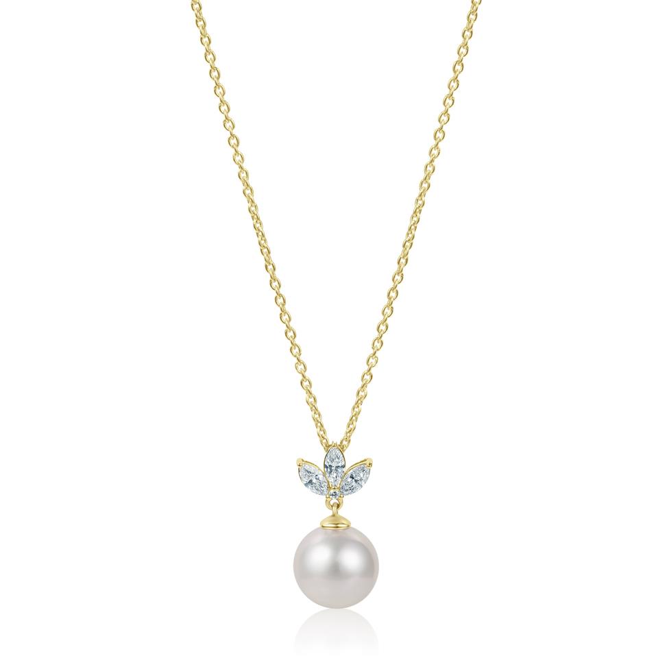 18ct Yellow Gold Pearl and Marquise Diamond Necklace Thumbnail Image 2