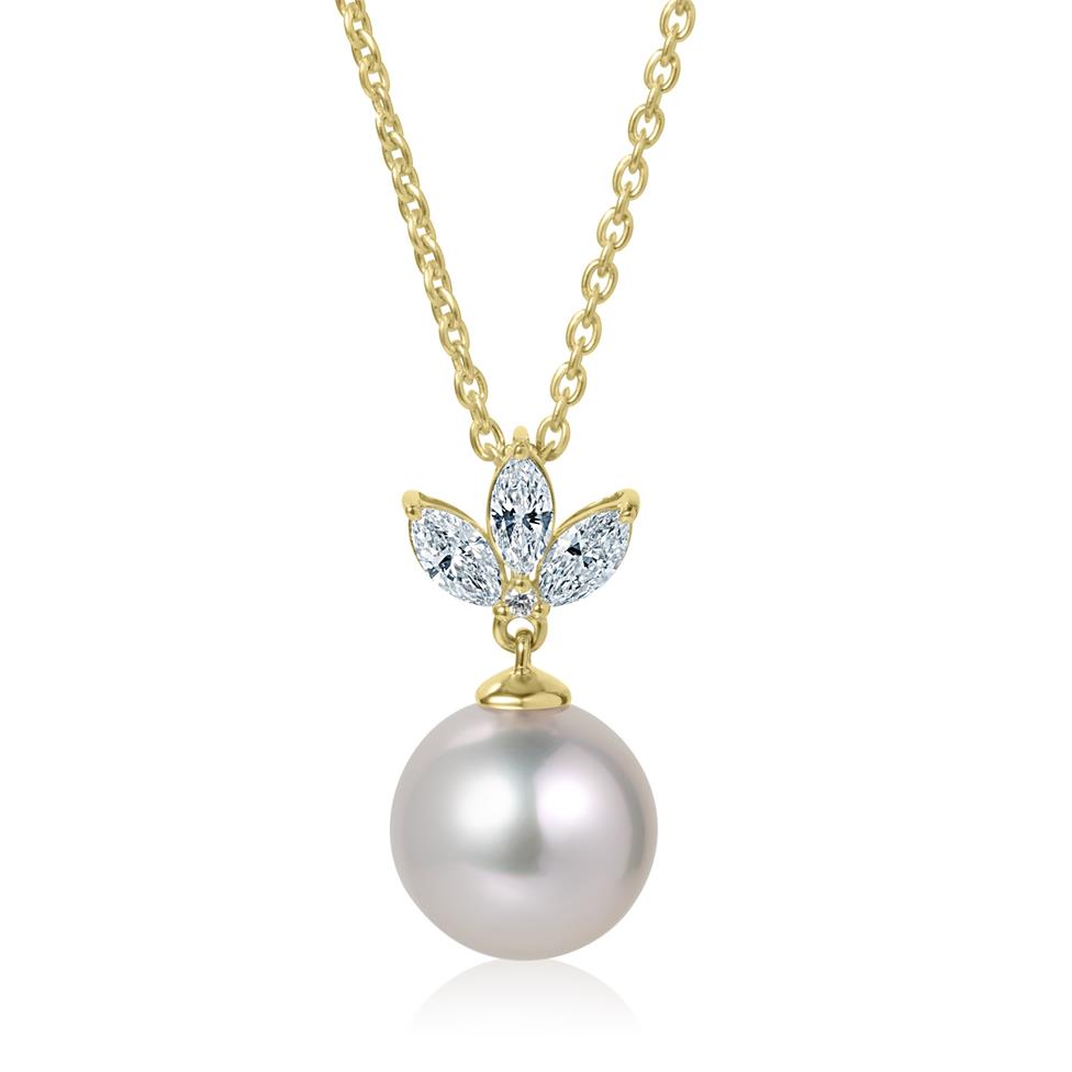 18ct Yellow Gold Pearl and Marquise Diamond Necklace Thumbnail Image 0