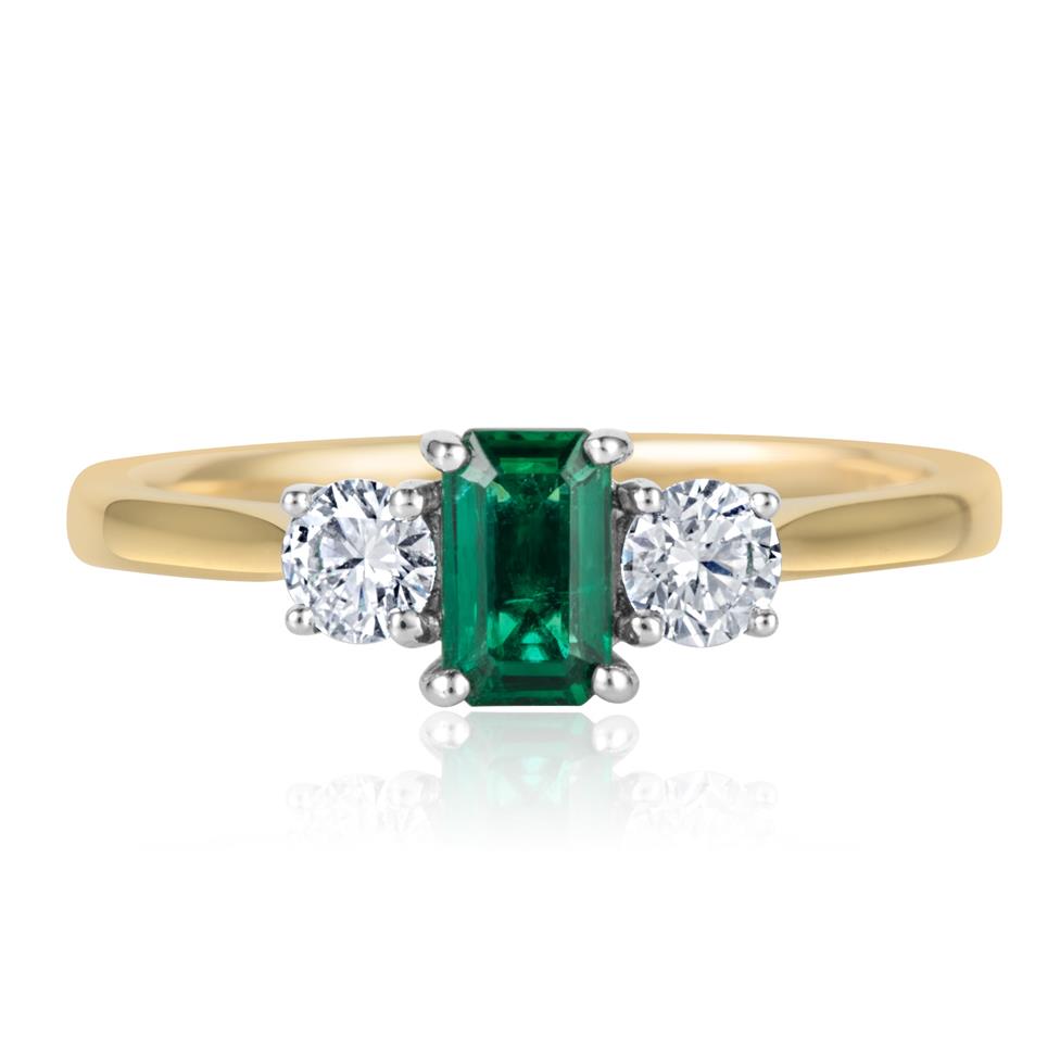 18ct Yellow Gold Emerald and Diamond Three Stone Engagement Ring Thumbnail Image 1