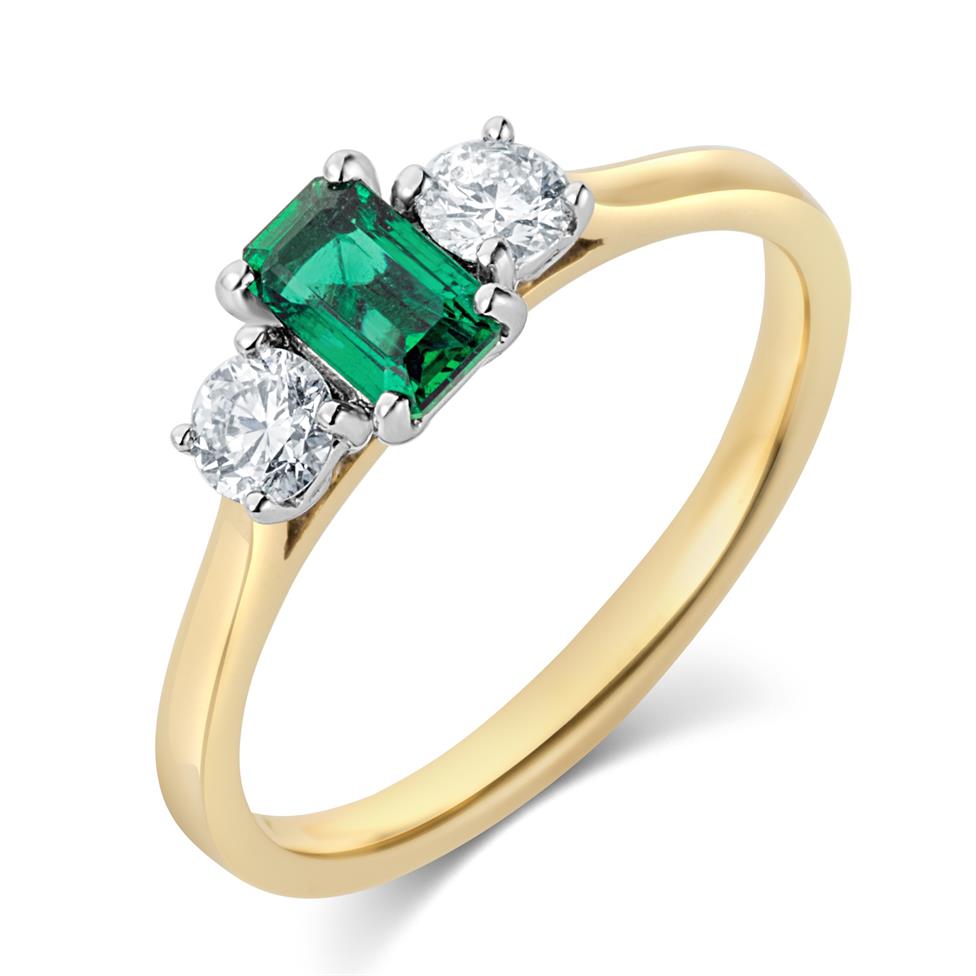 18ct Yellow Gold Emerald and Diamond Three Stone Engagement Ring Thumbnail Image 0